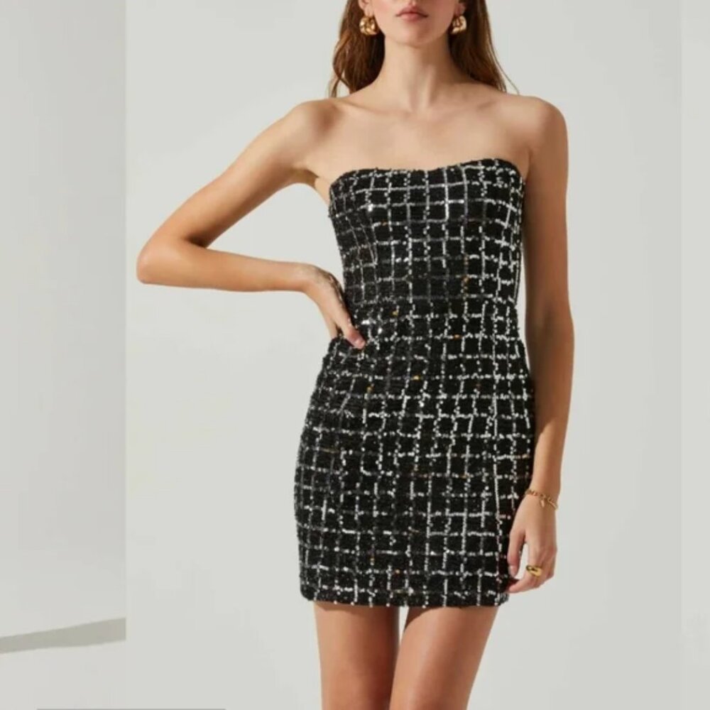 ASTR The Label Carmen Sequin Strapless Mini Dress-Black/Silver